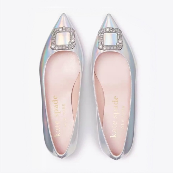 ♠️kate spade Buckle Up Pointed Toe Flats, Metallic Silver Iridescent NIB - Picture 5 of 8